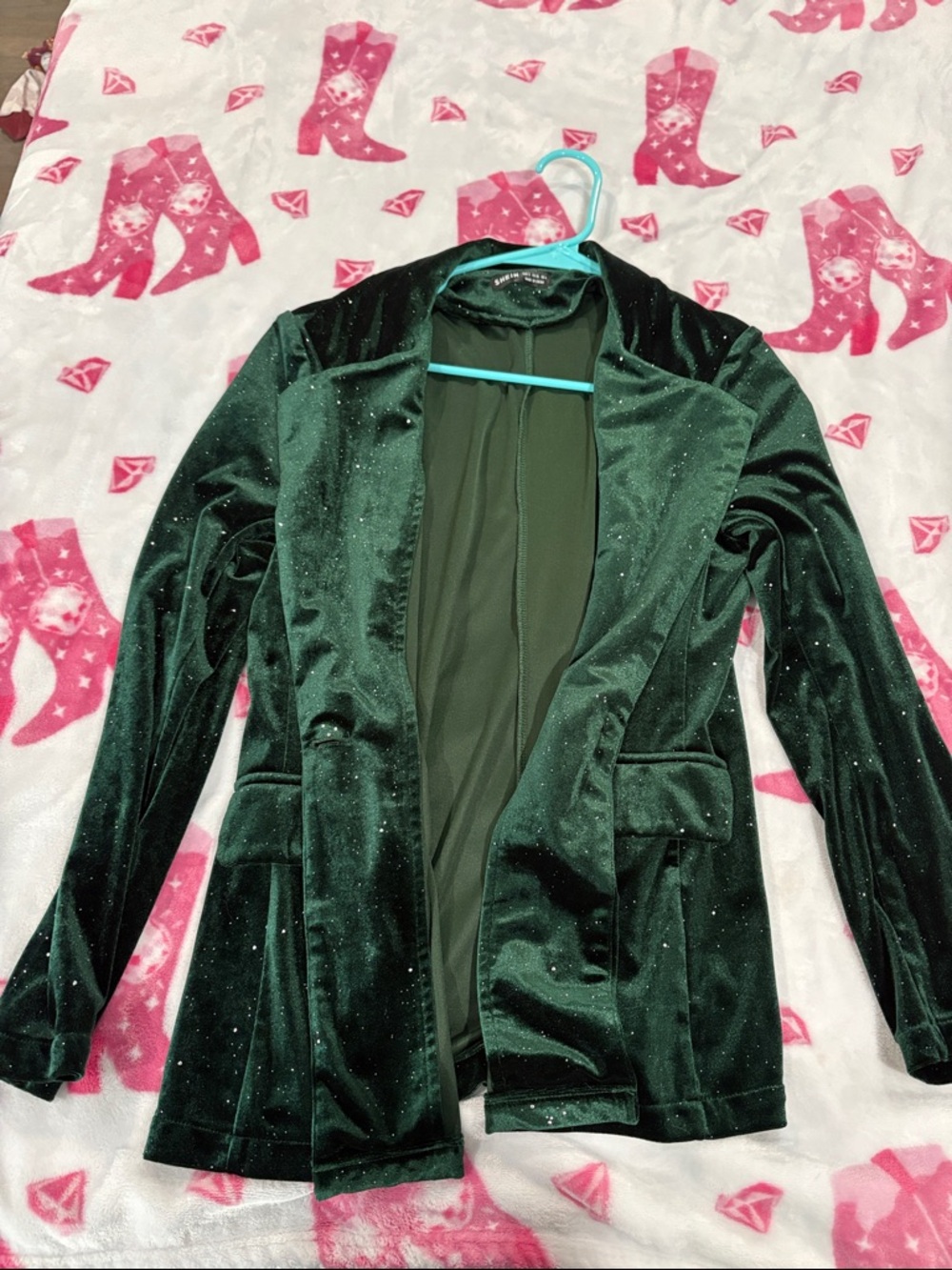 SHEIN Dark Green Velvet Sparkle Blazer Jacket